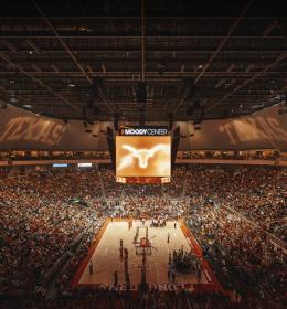 Photo of the basketball court during a UT game at Moody Center