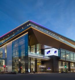 Exterior view of Baird Center at night