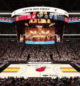Rendering of the basketball court during an event at Kaseya Center
