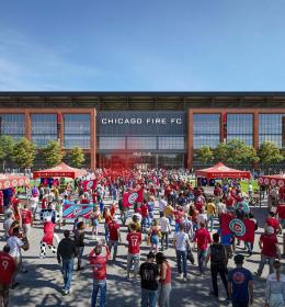 Rendering of a large crowd in front of the Chicago Fire stadium