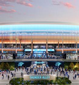 Rendering of the exterior of the Oklahoma City New Arena looking east from the Myriad Gardens