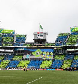 Seattle Sounders FC fans organized in a checkered pattern of blue and green
