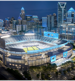 Rendering of an aerial shot of the renovated Bank of America Stadium at night