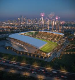 Rendering of an aerial view of the Denver Summit FC Stadium at night